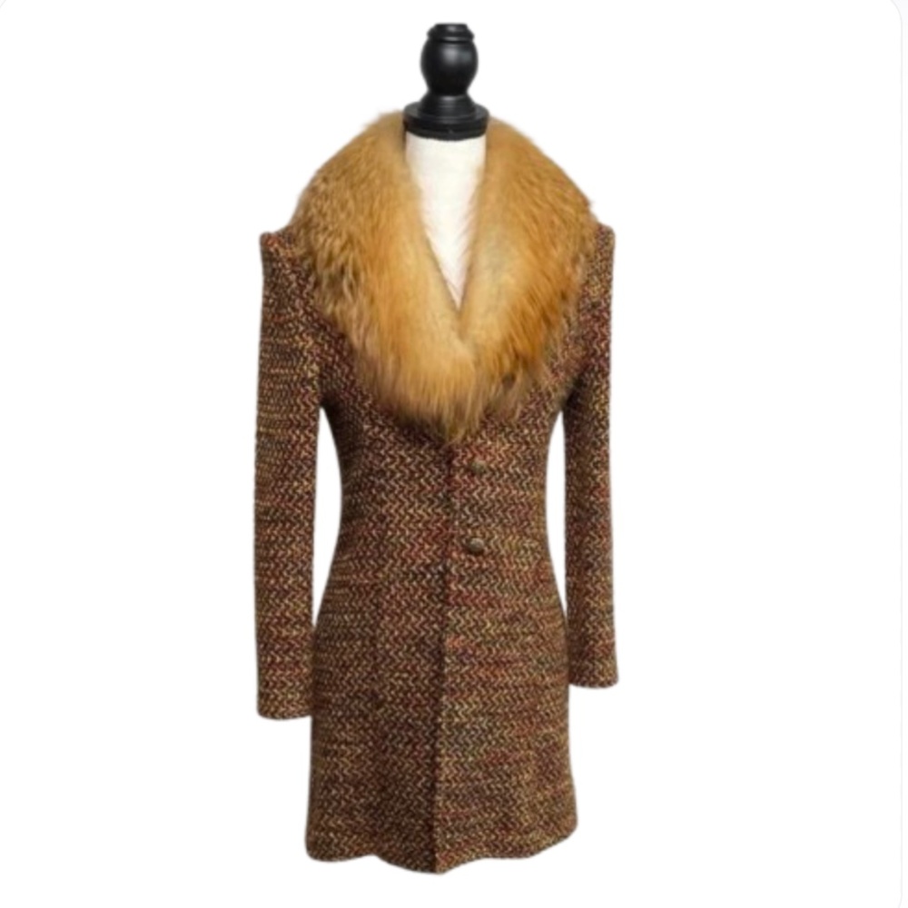 ST. JOHN Tweed long Coat FOX Fur Collar winter jacket 2 piece set - Picture 8 of 17
